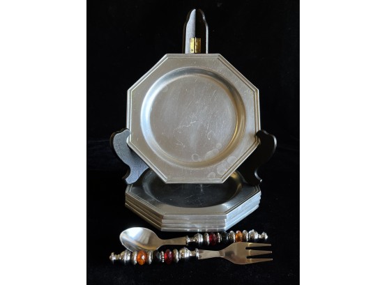 5 Pewter Plates W Fork & Spoon