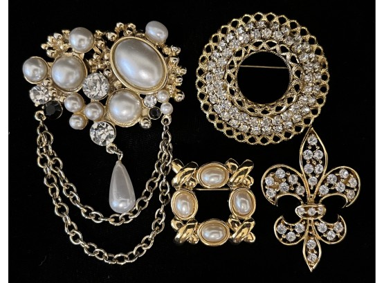 4pc Collection Of Vintage Pearl & Gold-toned Costume Brooches