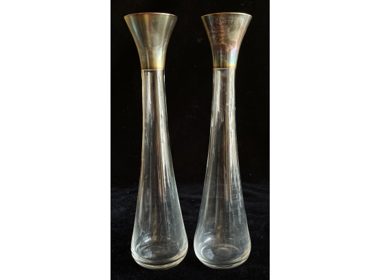 2 Glass Vases W/ Silver Toned Rim