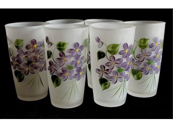 6 Gay Fad Frosted Glasses With Hand Painted Violets Set Of 4