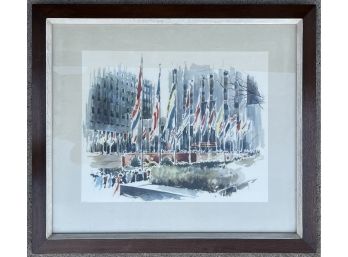 Rockefeller Plaza Signed Watercolor Painting