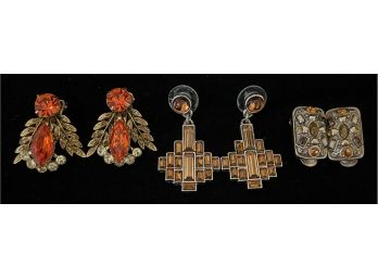 3pc Assorted Collection Of Costume Earrings W Orange & Amber Toned Gem Accents