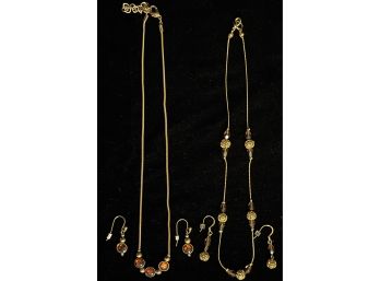2pc Collection Of Vintage Costume Gold-toned Necklaces W Matching Earrings