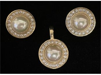 3pc Roman Round Pearl-like Costume Earrings & Pendant W Diamond-like Accents