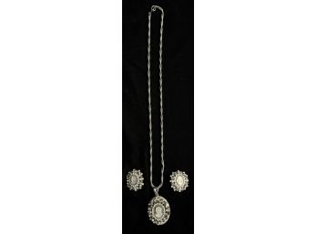 Vintage Hobe Rhinestone Costume Locket Necklace & Earrings W Cameo-like Design