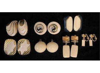 7pc Collection Of Vintage Assorted Costume Gold-toned Earrings W Ivory-toned Accents Incl. Trifari