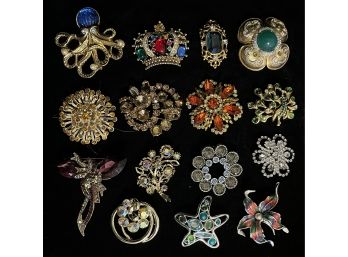 15pc Collection Of Assorted Gold-toned & Multi-stone Costume Brooches Incl. Monet & More