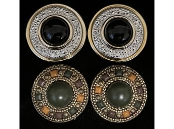 2pc Vintage Costume Round Clip-on Earrings W Black & Olive Green Stone Accents