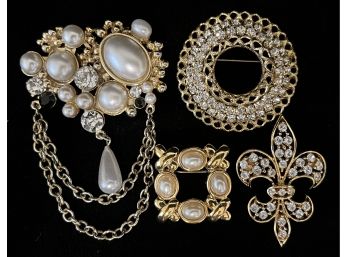4pc Collection Of Vintage Pearl & Gold-toned Costume Brooches