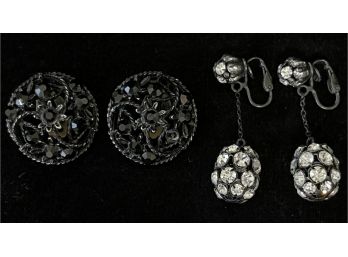 2pc Collection Of Vintage Assorted Costume Black-toned Rhinestone Earrings