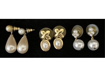 3pc Collection Of Vintage Pearl Costume Earrings