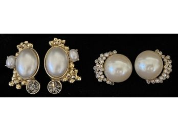2pc Collection Of Vintage Costume Pearl Earrings W Gold-toned Accents