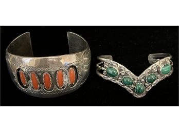 Gorgeous Pair Of Signed Native American Silver Cuff Bracelets With Fred Harvey Era Stampwork
