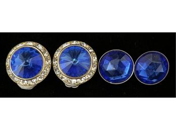 2pc Collection Of Vintage Small Round Costume Blue-toned Stone Earrings