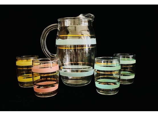 Mid Century Glass Juice Set With Pastel Bands 4 Small Glasses & Pitcher