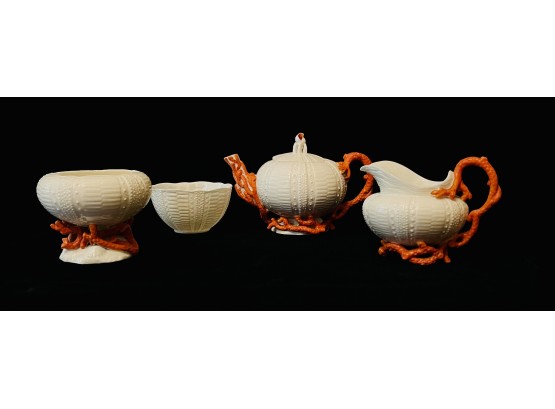 Rare Belleek 2nd Black Mark Echinus Pattern Service Pieces With Orange Coral Accents Teapot Sugar Creamer Cup