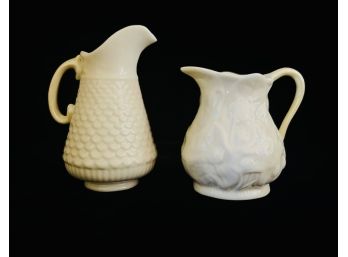 2 Belleek Creamers With 1 Scale 6th Mark Green & 1 Gold 1st Mark Lotus