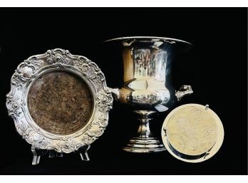 Silver Plate Ice/Champagne Bucket Cork Lined Bottle Coaster & 4 Coasters In Caddy