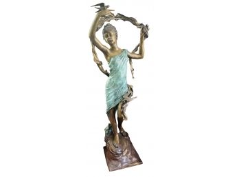 Show Stopping Large Lost Wax Bronze Statue Woman With Ribbon Birds Suitable For Indoor Or Outdoor Use