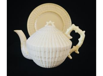 Belleek Tridacna Coral Handle Teapot & Plate