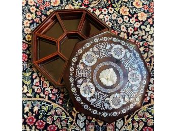 Gorgeous Asian Inlayed Mother Of Pearl Lacquered Octagonal Box With 9 Interior Removable Trays