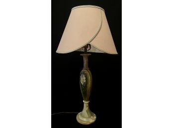 Green Alabaster Table Lamp With Scalloped Pink Shade