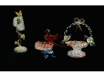 4 Hand Blown Glass Miniatures With 4' Mailbox, Basket & Red Bird