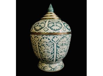 Fine Hand Painted Porcelain Lidded Jar With Brass Rim From Thailand