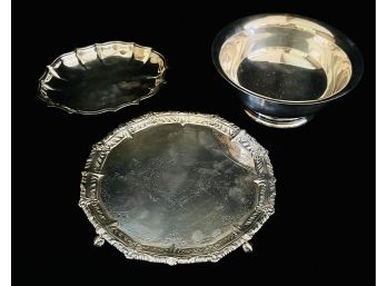 3 Pc Silver Plate Serving Pieces With Footed Platter Oval Dish & Large Bowl