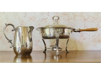 2 Pc Silver Plated Serving Lot With Pitcher & Footed Chafing Dish