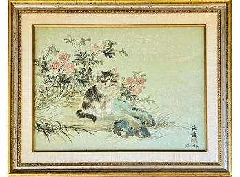 Vintage Chinese Water Color On Cork Of Cat By Chi Weng