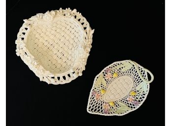 2 Belleek Woven Baskets With Leaf & Shamrock Shap