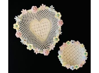 2 Belleek Woven Baskets With Heart Shape & Bird Nest