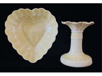 2 Pc Belleek Lot With Celtic Knot Yellow Luster 3rd Green Mark & Yellow Luster Heart Dish 6th Mark