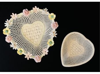 2 Belleek Woven Heart Shaped Baskets With 1 Larger Flowered & 1 Small
