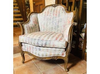 Vintage French Provincial Accent ChairWith  Carved Wood Trim Striped Floral Brocade Fabric
