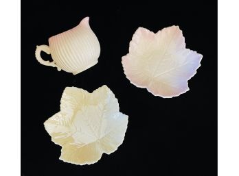 3 Pc Belleek Lot With 2 Leaf Dishes & 1 Creamer W/2nd Black Mark Yellow Dish 3rd Black Mark Pink 6th Green