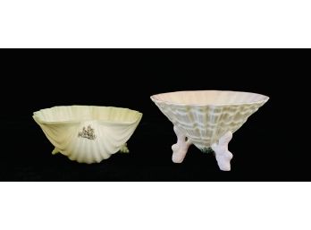 2 Pc Belleek Shell Dishes With 1 Unfooted 2nd Black Mark & 1 Footed Green 6th Mark