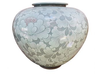Chinese Celadon Vase With Leaf Design Stamped Some Crazing