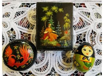 3 Pc Russian Hand Painted Lacquered Trinket Boxes & Egg