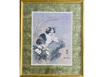 Vintage Asian Original Watercolor By Chinese Artist Chiu Weng On Cork Featuring Kitten