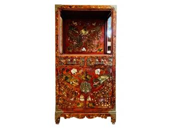 Outstanding Antique Asian Mother Of Pearl Inlay Lacquered Cabinet With Shelf 2 Doors