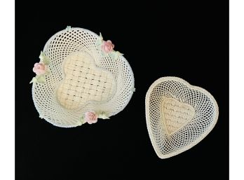 2 Belleek Woven Baskets With Shamrock Shape  With Pink Roses & Ivory Heart Shaped