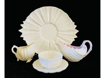 5 Pc Black Mark Belleek Lot With Shell Plate Pink Handles Cup Saucer Creamers With 1 Pink Interior Tint
