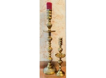 2 Vintage Solid Brass Floor Pillar Candle Holders 1 With Middle Eastern Decorative Details