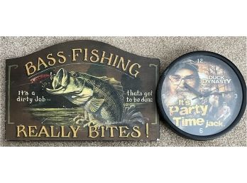 2pc Collection Of Fishing Themed Wall Decor Incl. Duck Dynasty Wall Clock