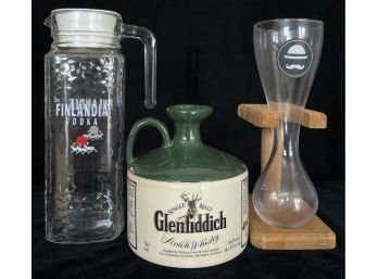 3pc Assorted Liquoir Lot Incl.  Finlandia Vodka Pitcher, Single Malt Glenfiddich Jug, & More