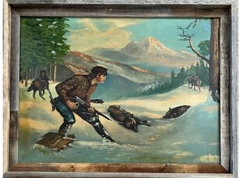 27' X 21' Framed Hunter In The Snowy Wilderness Art
