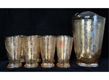 Collection Of Etched Pressed Amber Glass Incl. Pitcher & 8 Glasses