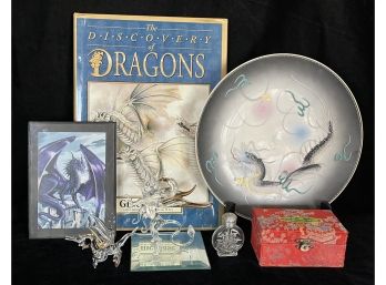 7pc Dragon Lot Incl. The Discovery Of Dragons Book, Glass Figurines, & More